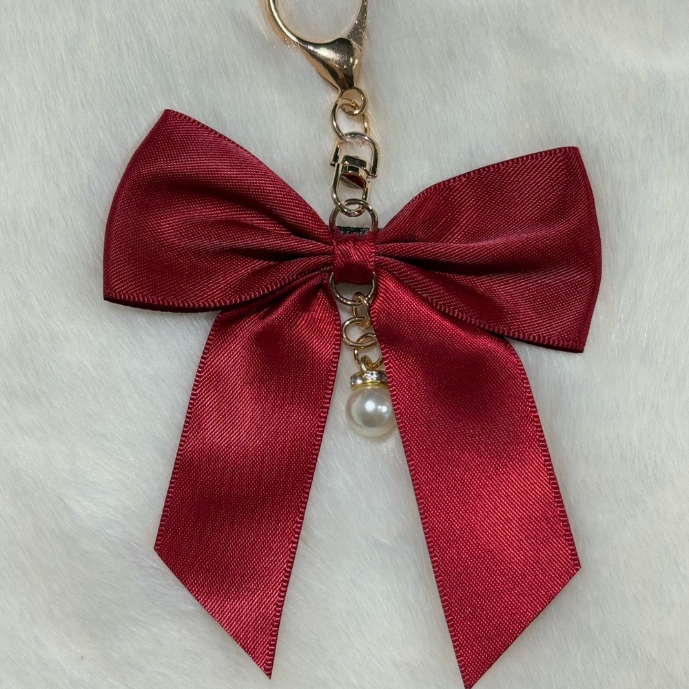 Elegant Red Bow Keychain with Pearl Accent- Bag Charm